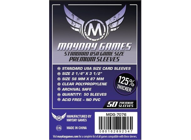 Brettspill Kortbeskyttere 50 stk 56-87mm Mayday Standard USA 