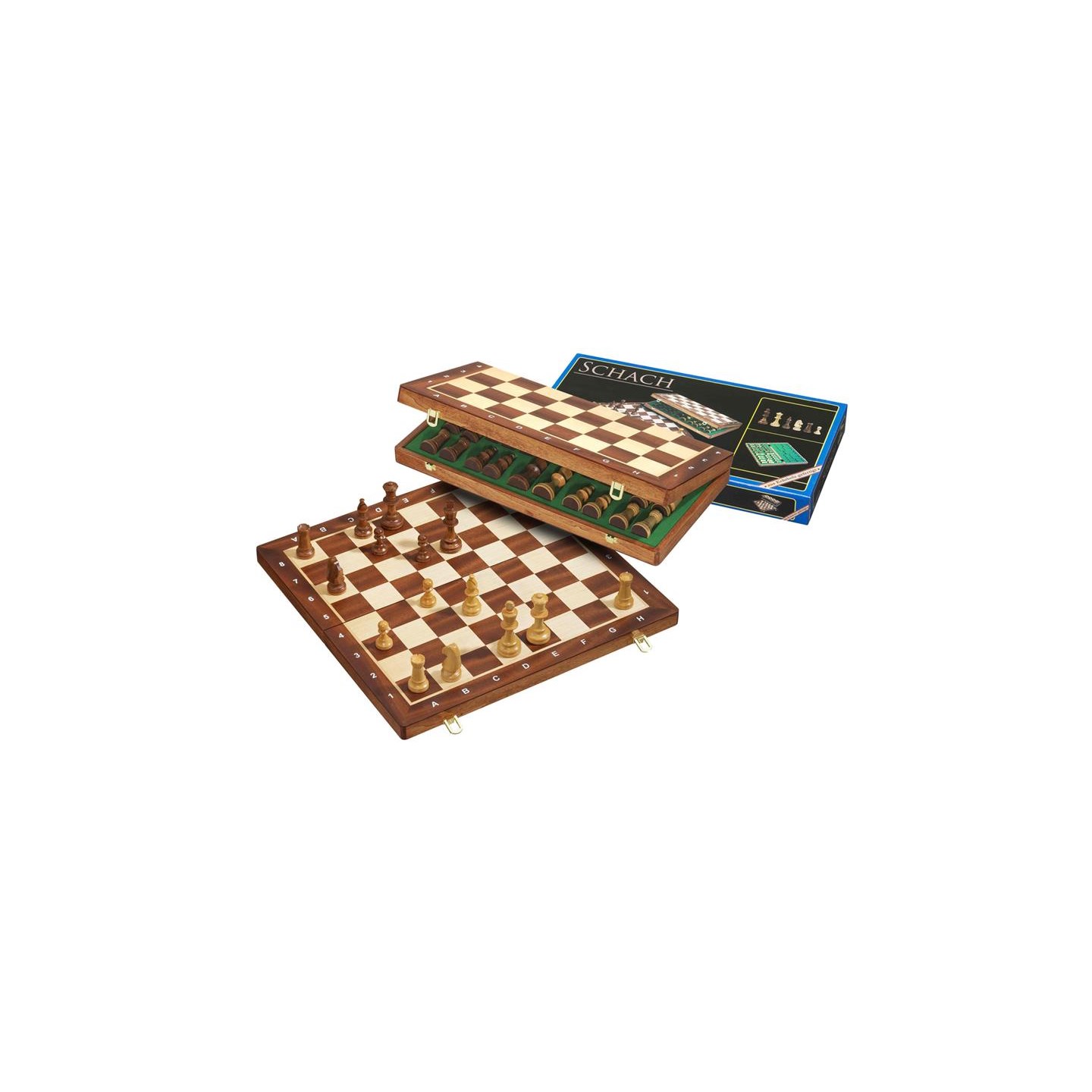 Sjakkbrett tre m/brikker Foldbar 47x47cm Feltstørrelse 50mm, Kongehøyde 90mm