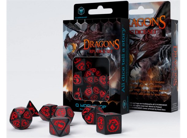 RPG Dice Set Dragons Black/Red Terninger til rollespill - 7 stk