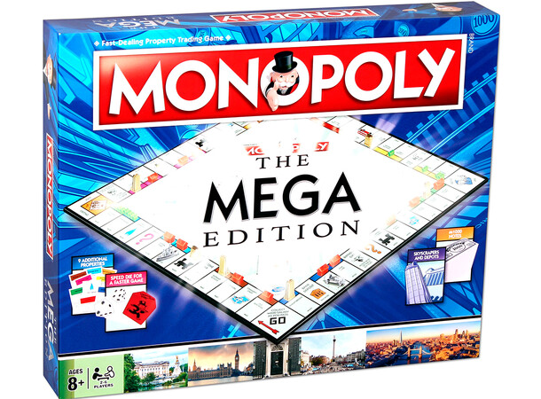 Monopoly Mega Edition Brädspel 12 extra fält och 8 fler gatunamn