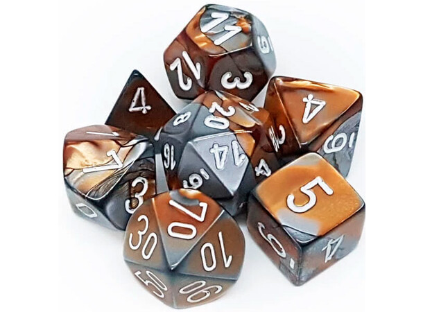 RPG Dice Set Kobber-Stål/Vit - 7 st Chessex 26424 Gemini Copper-Steel/White 