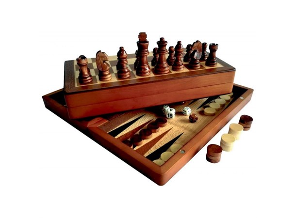Sjakkbrett tre m/brikker Foldbar 28x28cm Inkl. Backgammon og Mølle(bondesjakk)