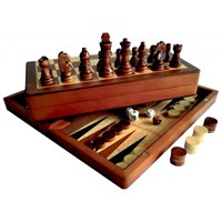Sjakkbrett tre m/brikker Foldbar 28x28cm Inkl. Backgammon og Mølle(bondesjakk)