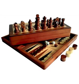 Sjakkbrett tre m/brikker Foldbar 28x28cm Inkl. Backgammon og Mølle(bondesjakk) 