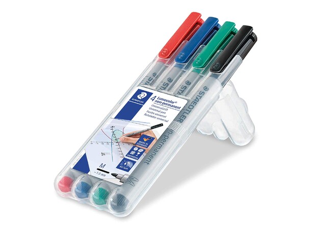 Raderbara pennar 1mm Röd/Blå/Grøn/Sort Pk. a 4 st Staedtler Lumocolor M-series 