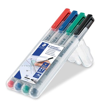 Utviskbare Penner 1mm R&#248;d/Bl&#229;/Gr&#248;n/Sort Pk. a 4 stk Staedtler Lumocolor M-series