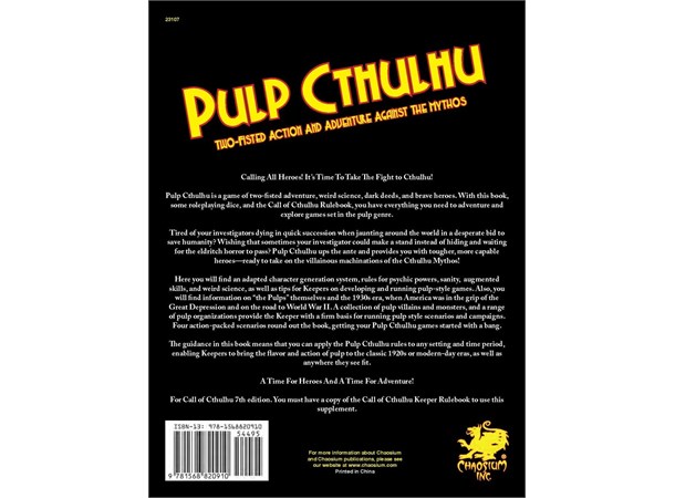 Pulp Cthulhu RPG Core Book Call of Cthulhu RPG Supplement