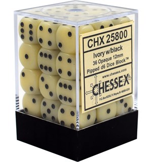 Terning D6 12 mm 36stk Elfenben/Sort Chessex D6 Dice Block CHX 25800 