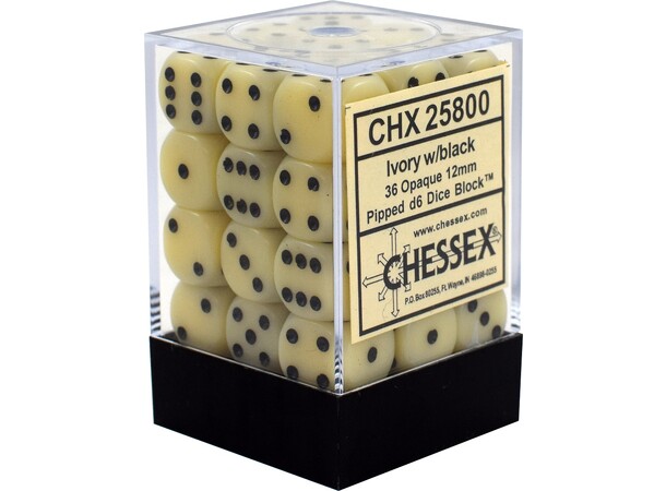 Tärning D6 12 mm 36st Elfenben/Sort Chessex D6 Dice Block CHX 25800 