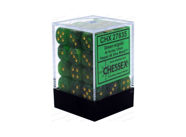 Tärning D6 12 mm 36st Green/Gold Chessex 27835 D6 Dice Block 
