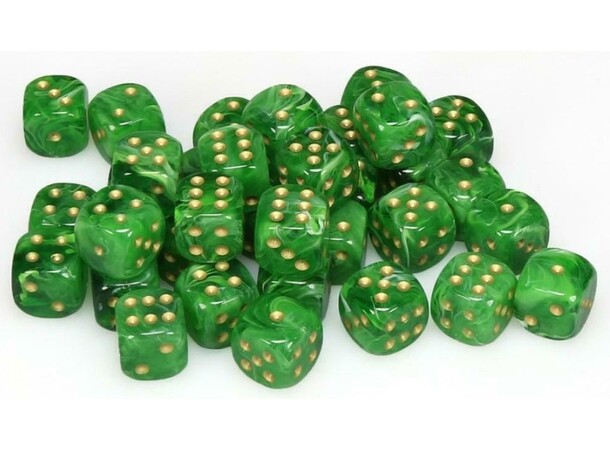 Tärning D6 12 mm 36st Green/Gold Chessex 27835 D6 Dice Block 