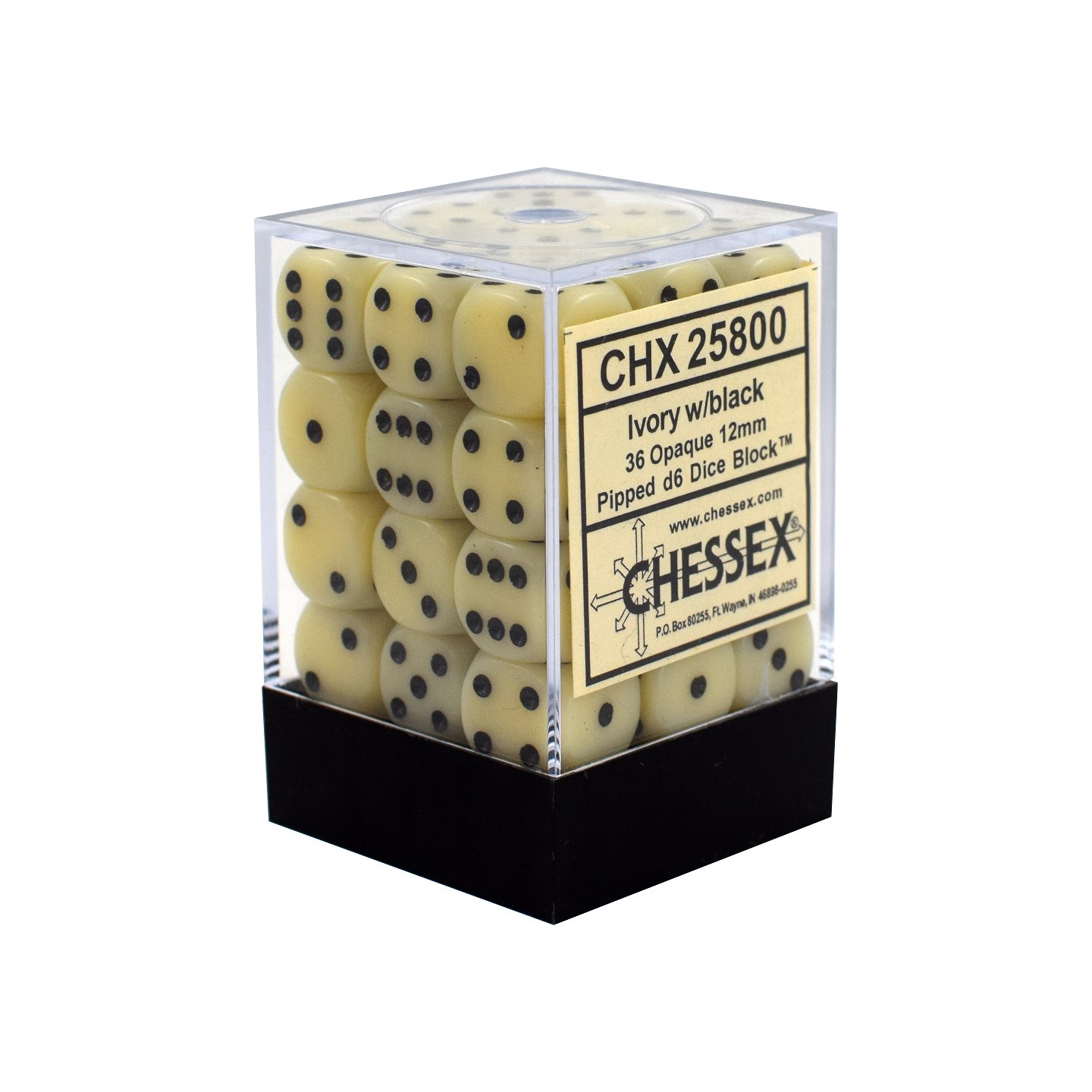 Terning D6 12 mm 36stk Elfenben/Sort Chessex D6 Dice Block CHX 25800