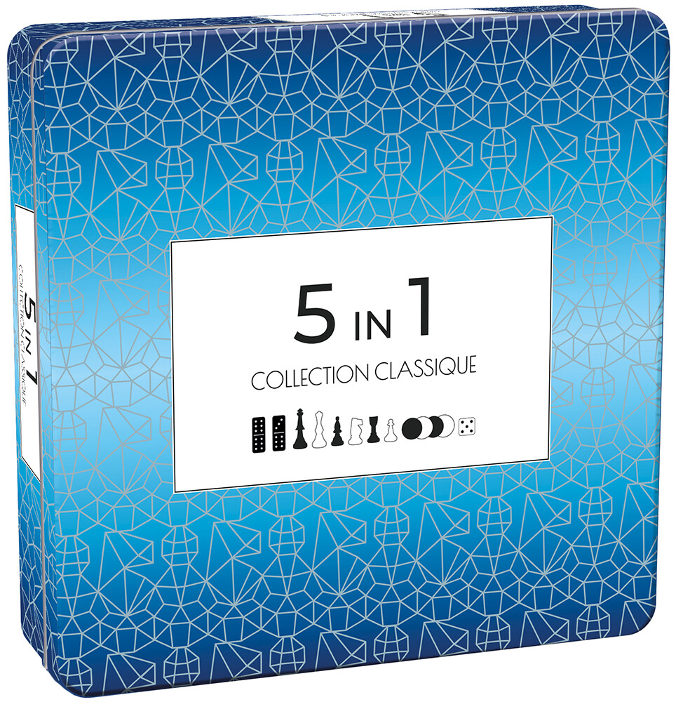 5 in 1-5 klassiske brettspill Metallboks Sjakk/Backgammon/Domino/Dam/Tic Tac Toe