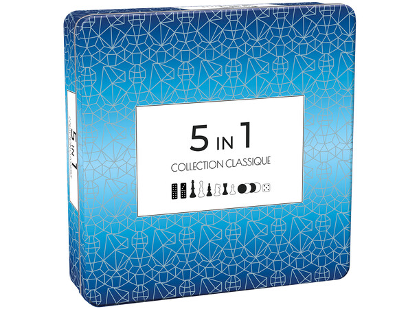 5 in 1-5 klassiska Brädspel Metallbox Sjakk/Backgammon/Domino/Dam/Tic Tac Toe 