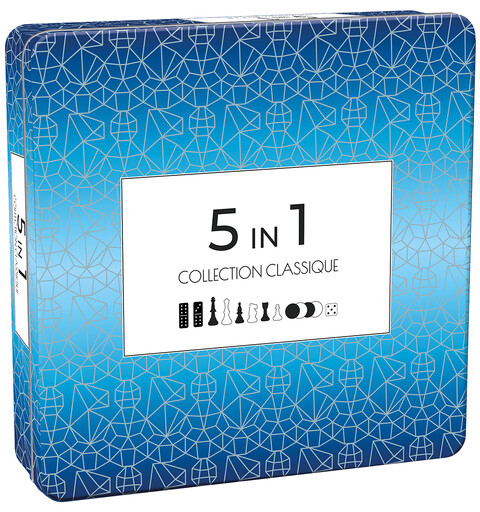 5 in 1-5 klassiske brettspill Metallboks Sjakk/Backgammon/Domino/Dam/Tic Tac Toe