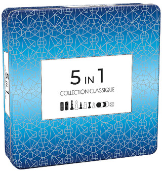 5 in 1-5 klassiske brettspill Metallboks Sjakk/Backgammon/Domino/Dam/Tic Tac Toe