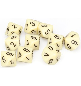 RPG Dice D10 Terning 0-9 - 10stk 16 mm Ivory/Black