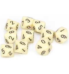 RPG Dice D10 Terning 0-9 - 10stk 16 mm Ivory/Black