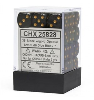 Terning D6 12 mm 36stk Black/Gold Chessex 25828 D6 Dice Block 