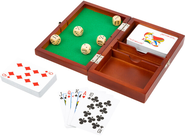 Kort + Tärningsspel med låda 2 kortlekar och 5 tärningar 