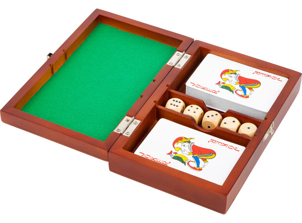 Kort + Tärningsspel med låda 2 kortlekar och 5 tärningar 