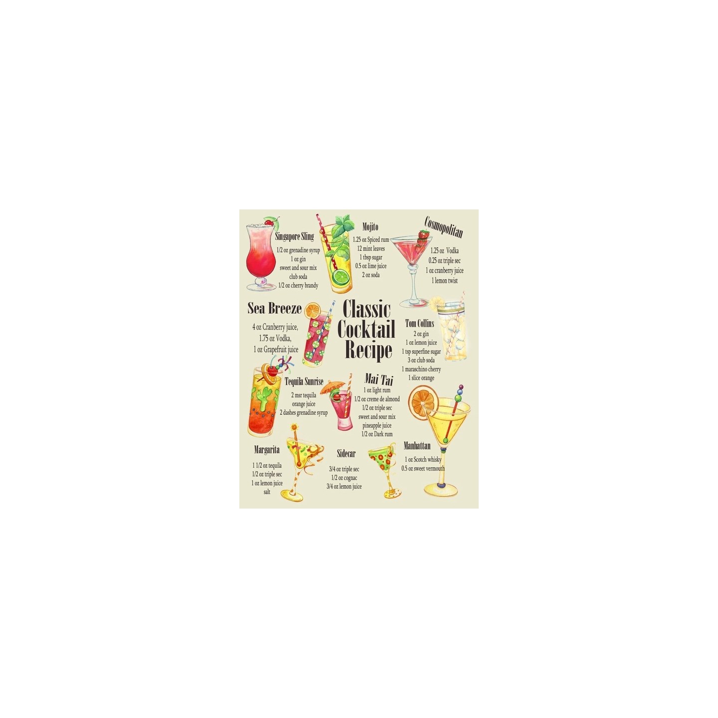 Metall Skilt Classic Cocktail Recipes 40 x 28 cm