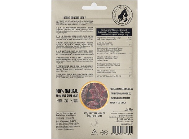 Renjer Reindeer Jerky med havsalt 25g Tørket Reinsdyrkjøtt snacks 