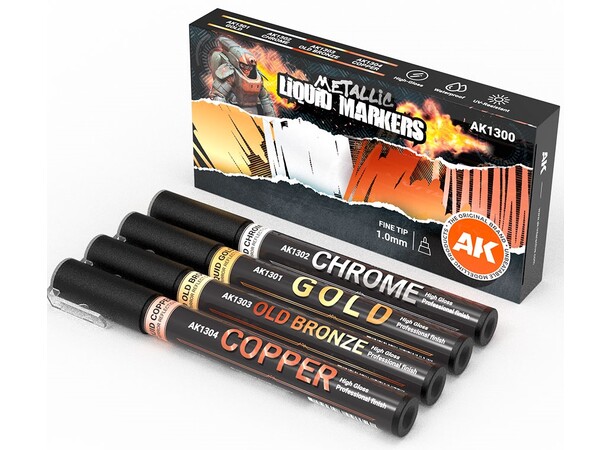 AK Metallic Liquid Markers - 4 st Chrome, Gold, Old Bronze, Copper 