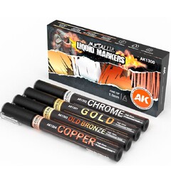 AK Metallic Liquid Markers - 4 stk Chrome, Gold, Old Bronze, Copper