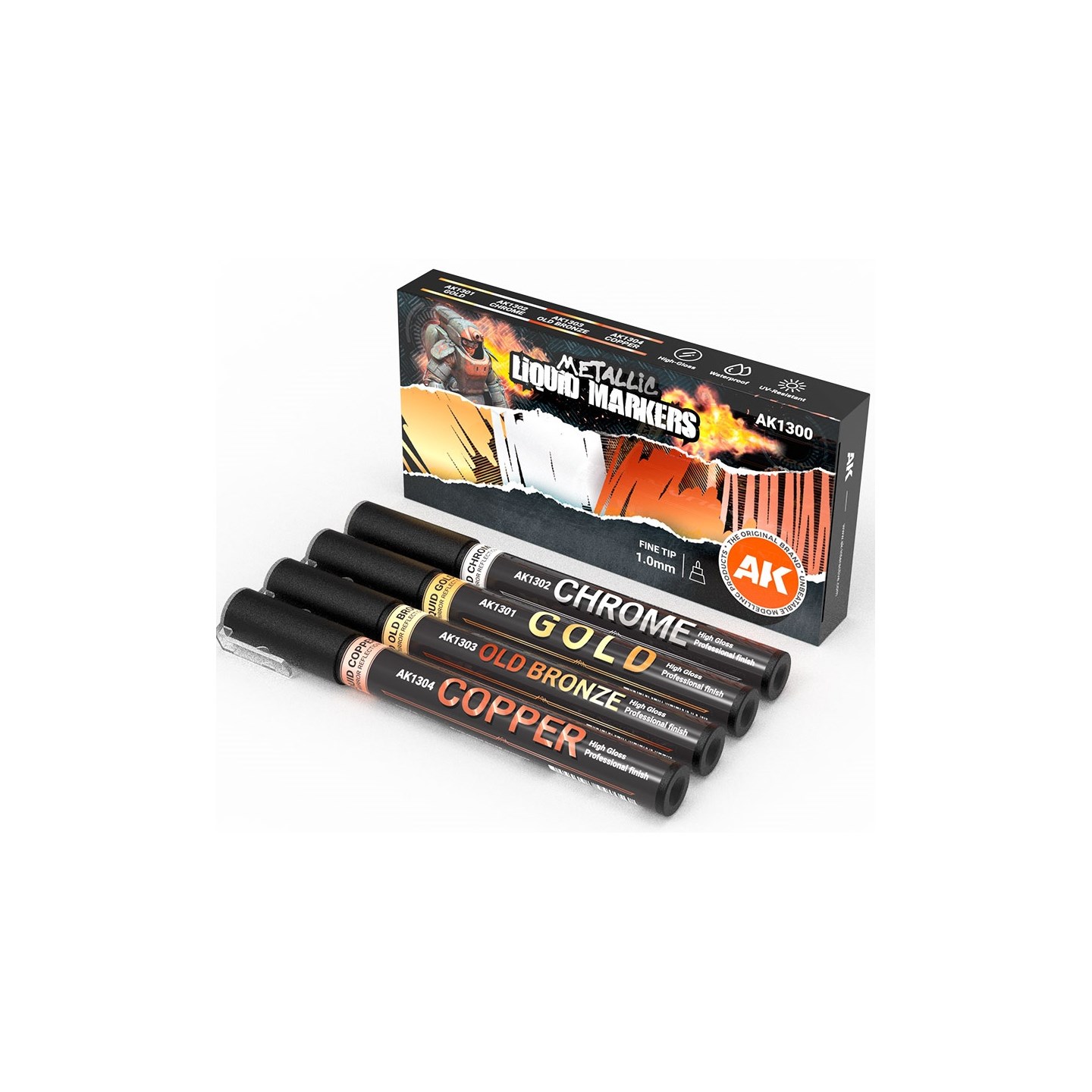 AK Metallic Liquid Markers - 4 stk Chrome, Gold, Old Bronze, Copper