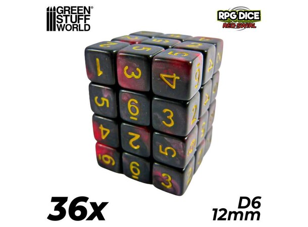 D6 12mm Dice Red Swirl - 36 stk Green Stuff World 