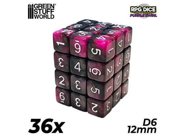 D6 12mm Dice Purple Swirl - 36 stk Green Stuff World 