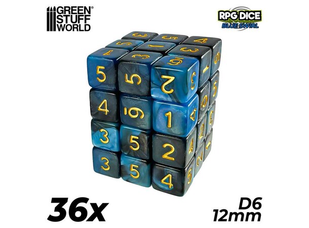 D6 12mm Dice Blue Swirl - 36 stk Green Stuff World 